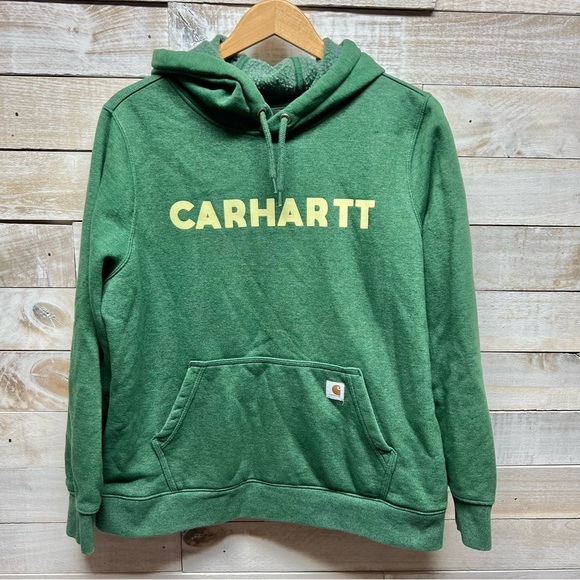 Carhartt Sweatshirt Boys XL 16 Hoodie Relaxed Fit Green Spell Out Logo Pocket - Picture 1 of 10